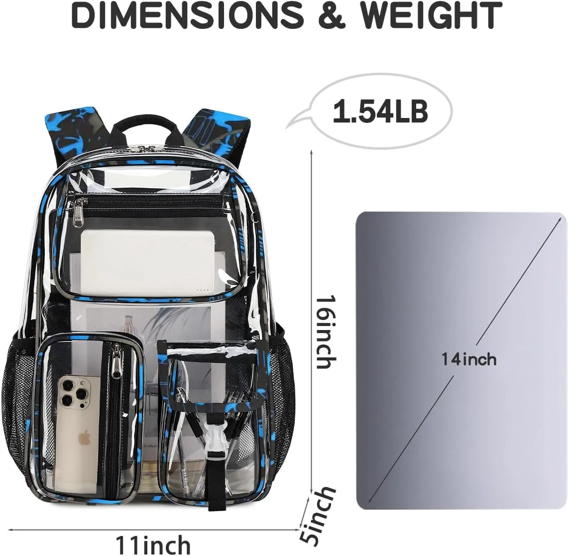 Cusangel Clear School Backpack,Heavy Duty Clear Backpack,16.5 x12 x5inch TPU Large Capacity See Through bookbag for Sport Events,Travel (Blue)