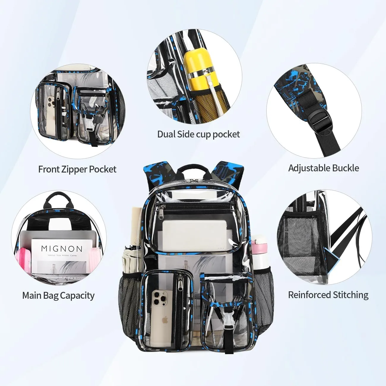 Cusangel Clear School Backpack,Heavy Duty Clear Backpack,16.5 x12 x5inch TPU Large Capacity See Through bookbag for Sport Events,Travel (Blue)
