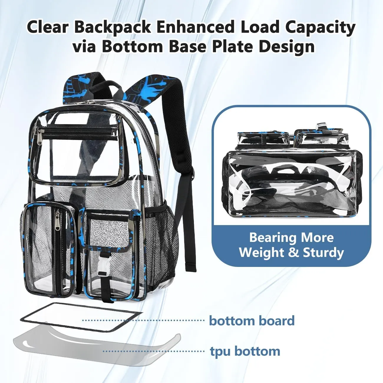 Cusangel Clear School Backpack,Heavy Duty Clear Backpack,16.5 x12 x5inch TPU Large Capacity See Through bookbag for Sport Events,Travel (Blue)