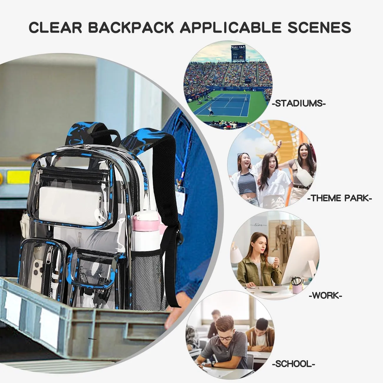 Cusangel Clear School Backpack,Heavy Duty Clear Backpack,16.5 x12 x5inch TPU Large Capacity See Through bookbag for Sport Events,Travel (Blue)