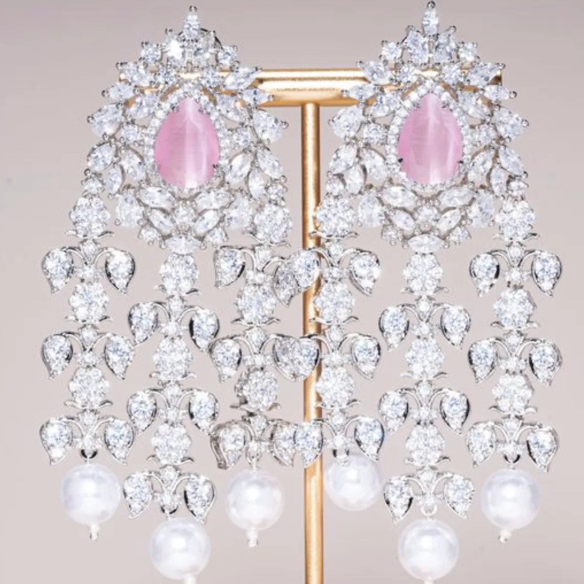 Dia Statement Waterfall Pearl Earrings Pink White Gold By Jaipur Rose Luxury Indian Jewelry Online (Copy)