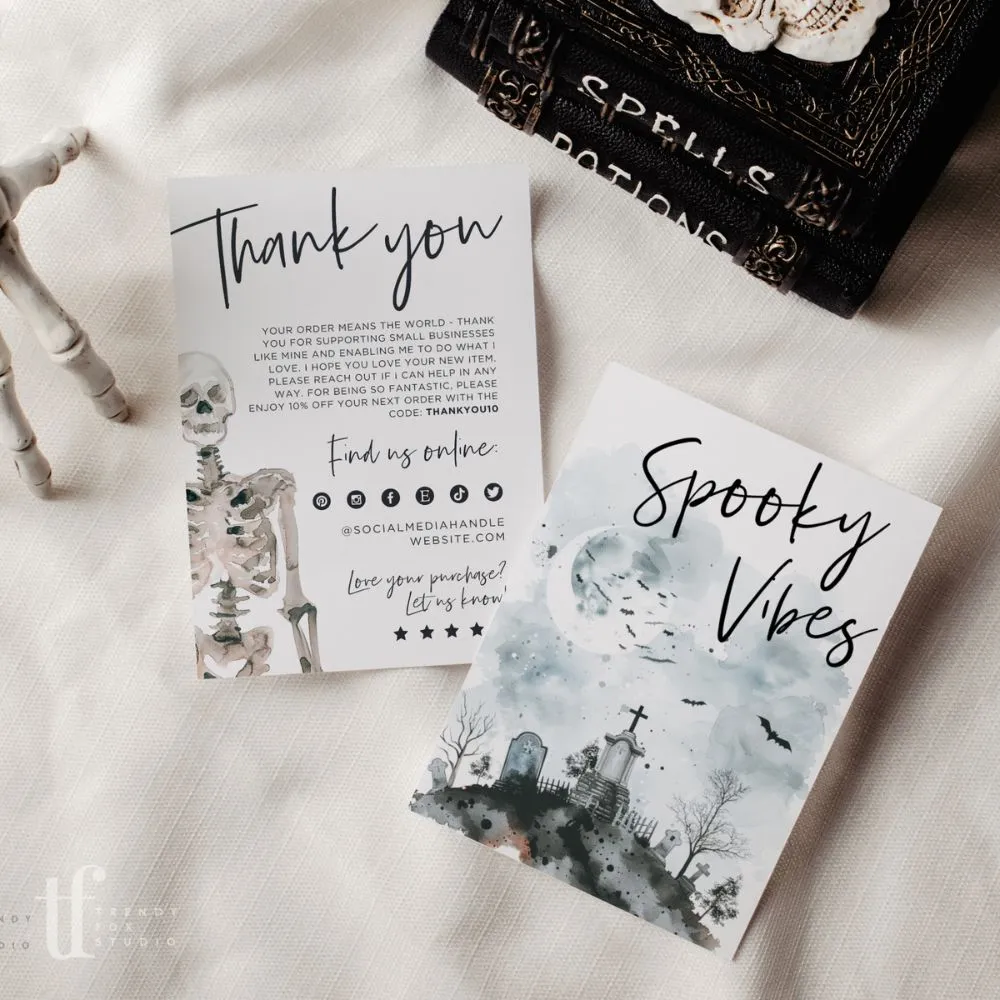 Gothic Halloween Business Thank You Card Canva Template | Watercolor Skeleton
