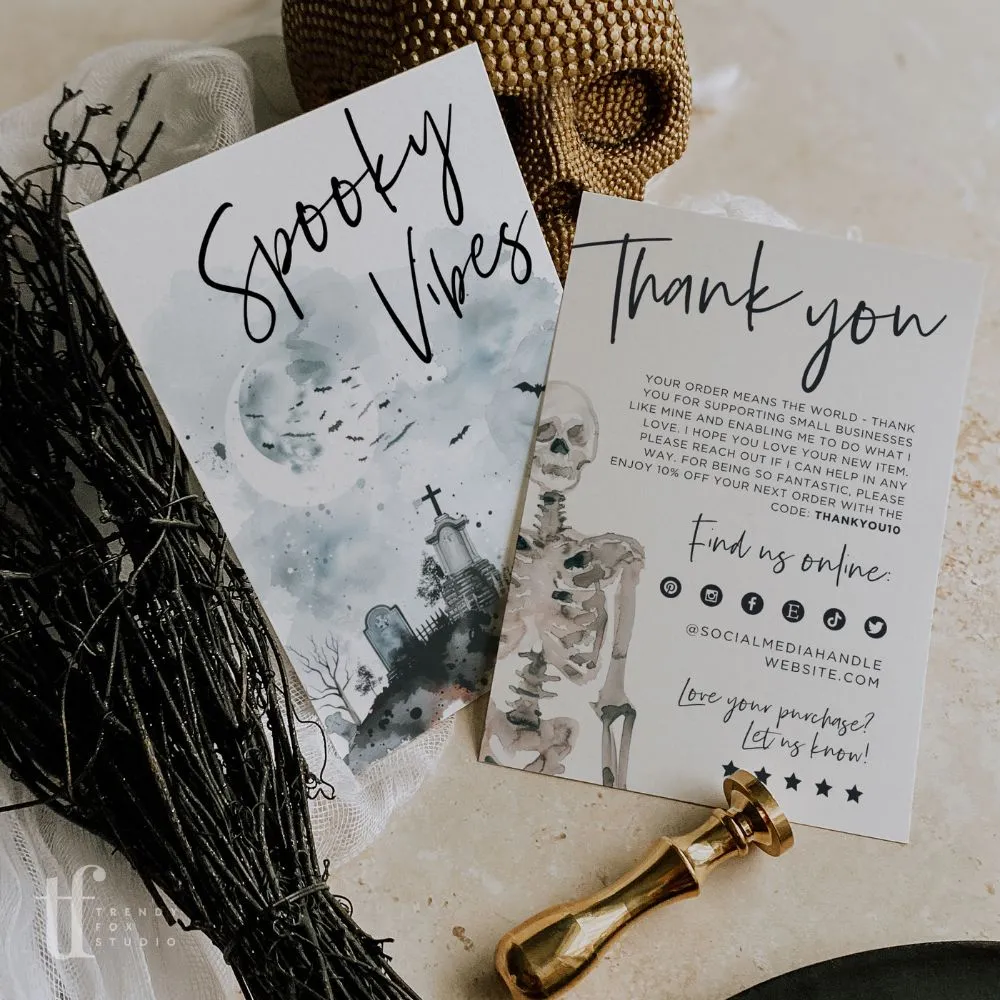 Gothic Halloween Business Thank You Card Canva Template | Watercolor Skeleton