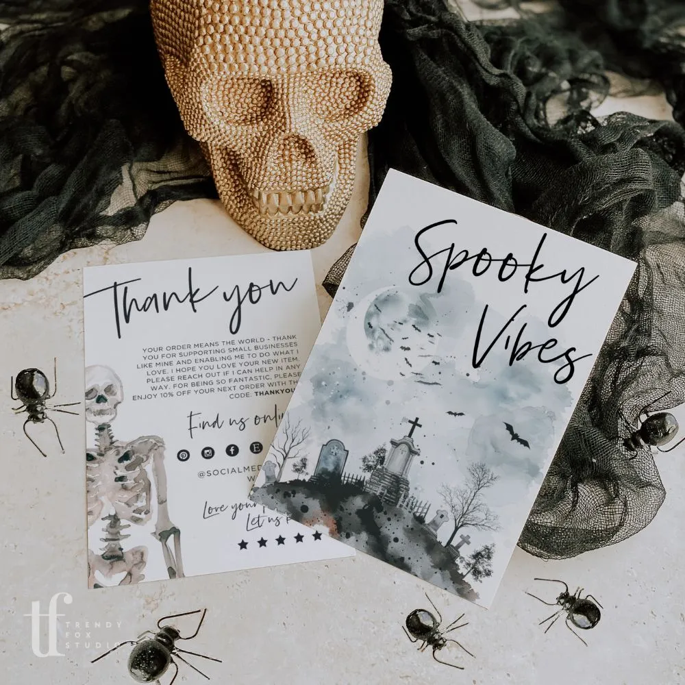 Gothic Halloween Business Thank You Card Canva Template | Watercolor Skeleton
