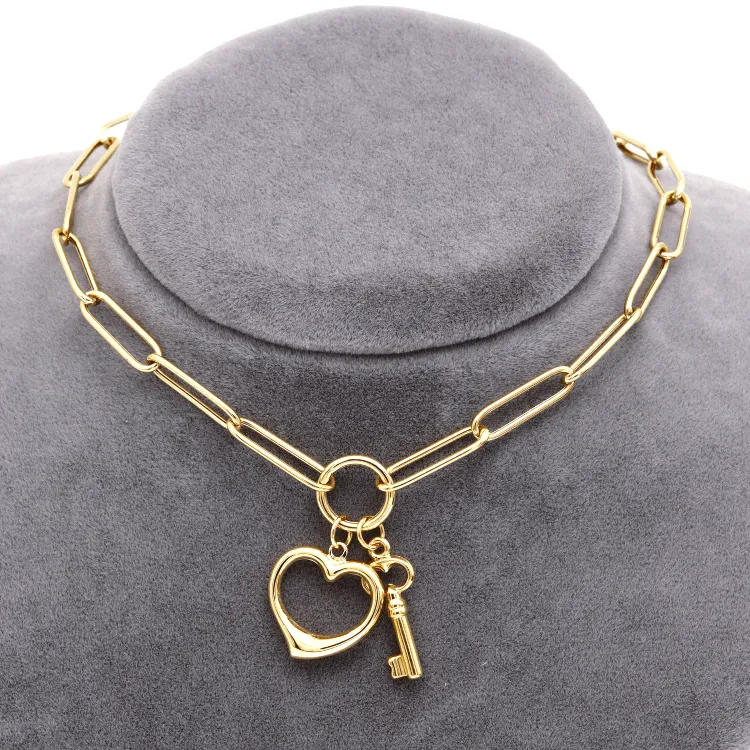 Real Gold Paper Clip Chain Necklace with 3D Heart and Key Charms 1407 N1421