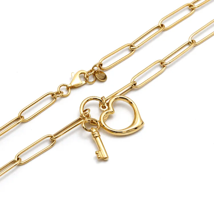 Real Gold Paper Clip Chain Necklace with 3D Heart and Key Charms 1407 N1421