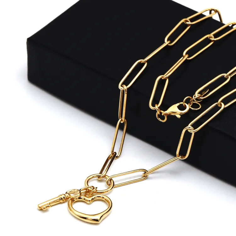 Real Gold Paper Clip Chain Necklace with 3D Heart and Key Charms 1407 N1421