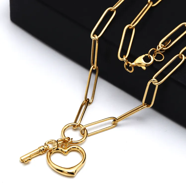 Real Gold Paper Clip Chain Necklace with 3D Heart and Key Charms 1407 N1421