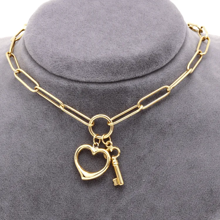 Real Gold Paper Clip Chain Necklace with 3D Heart and Key Charms 1407 N1421