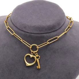 Real Gold Paper Clip Chain Necklace with 3D Heart and Key Charms 1407 N1421