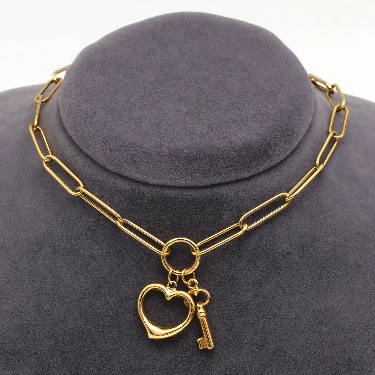 Real Gold Paper Clip Chain Necklace with 3D Heart and Key Charms 1407 N1421