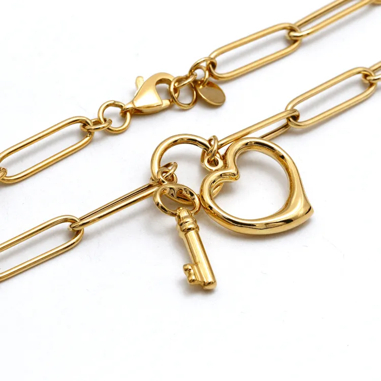 Real Gold Paper Clip Chain Necklace with 3D Heart and Key Charms 1407 N1421