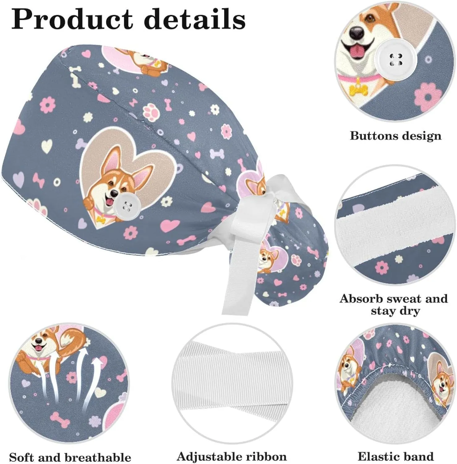 Scrub Cap with Scrunchies, Rainbow Working Hat Hair Cover, Elastic Bandage Tie Back Hats for Women